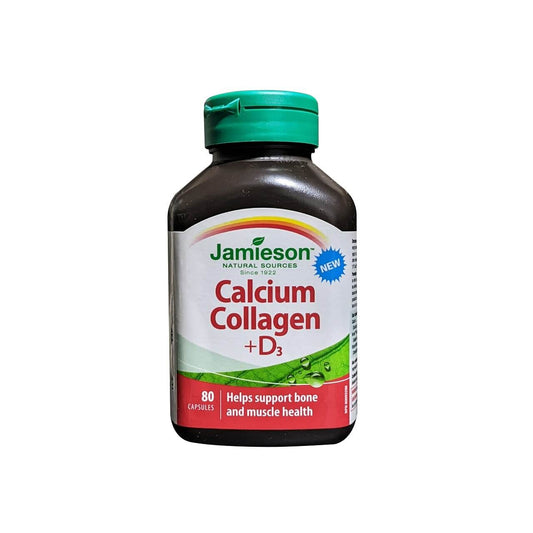 Product label for Jamieson Calcium Collagen and Vitamin D3 (80 capsules) in English