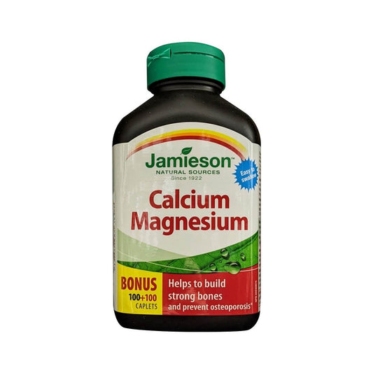 Product label for Jamieson Calcium Magnesium (200 caplets) (100 caplet bonus) in English