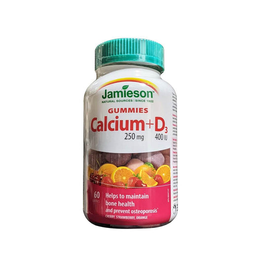 Product label for Jamieson Calcium (250 mg) with Vitamin D3 (400 IU) Gummies (60 gummies) in English