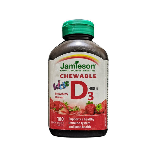 Product label for Jamieson Vitamin D3 for Kids 400 IU Chewables Strawberry Flavour (100 tablets) in English