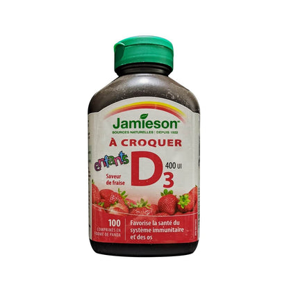 Product label for Jamieson Vitamin D3 for Kids 400 IU Chewables Strawberry Flavour (100 tablets) in French