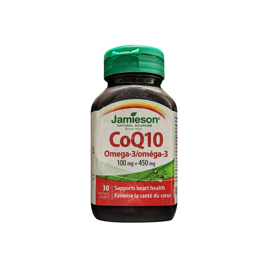 Product label for Jamieson CoQ10 (100 mg) with Omega-3 (450 mg) (30 softgels)