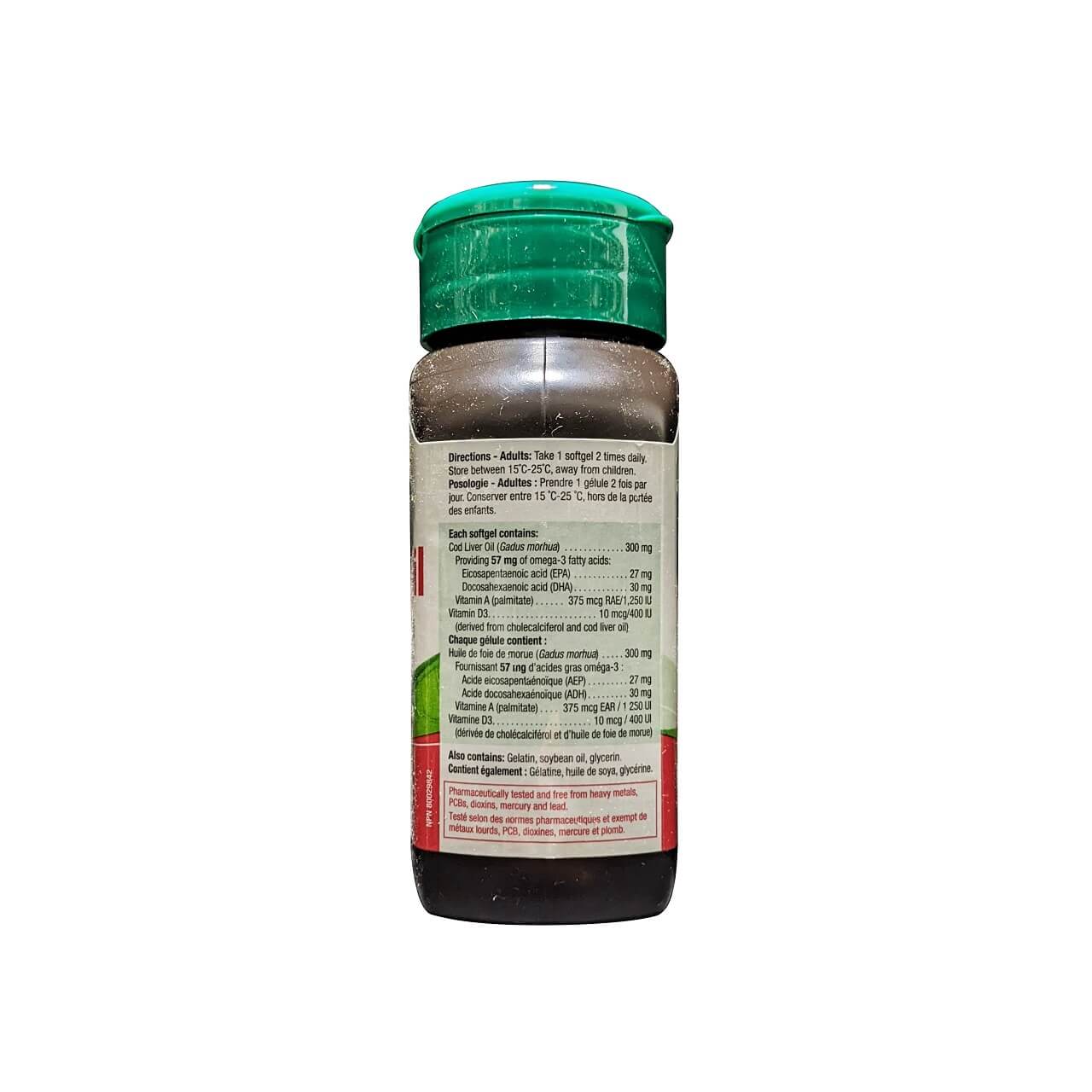 Directions and ingredients for Jamieson Cod Liver Oil with Vitamin A (1250 IU) and D3 (400 IU) (100 softgels)
