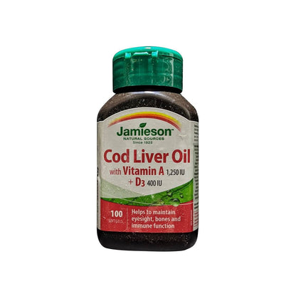 Product label for Jamieson Cod Liver Oil with Vitamin A (1250 IU) and D3 (400 IU) (100 softgels) in English