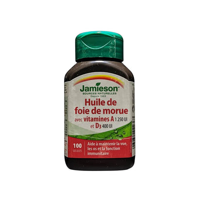 Product label for Jamieson Cod Liver Oil with Vitamin A (1250 IU) and D3 (400 IU) (100 softgels) in French