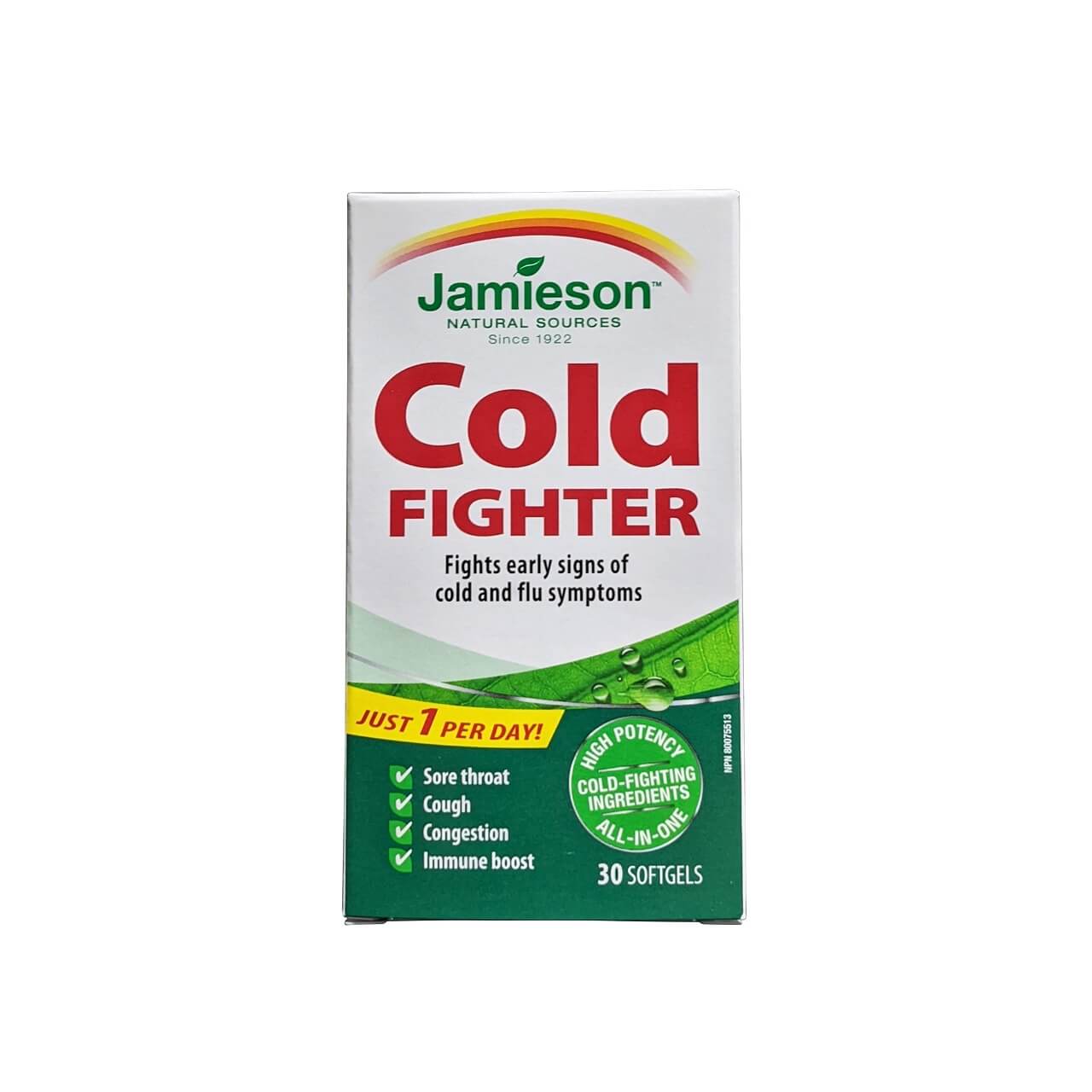 Product label for Jamieson Cold Fighter Softgels (30 softgels) in English
