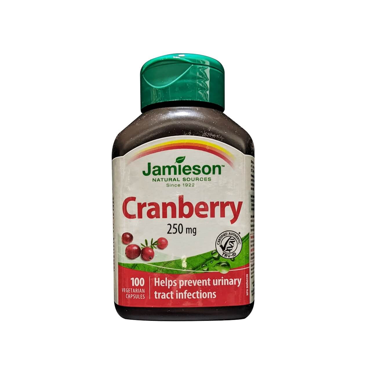 Product label for Jamieson Cranberry 250 mg (100 capsules) in English