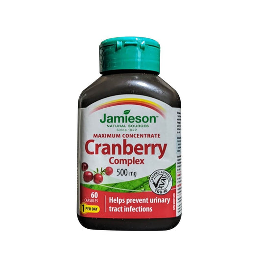 Product label for Jamieson Cranberry Complex 500 mg Maximum Concentrate (60 capsules) in English