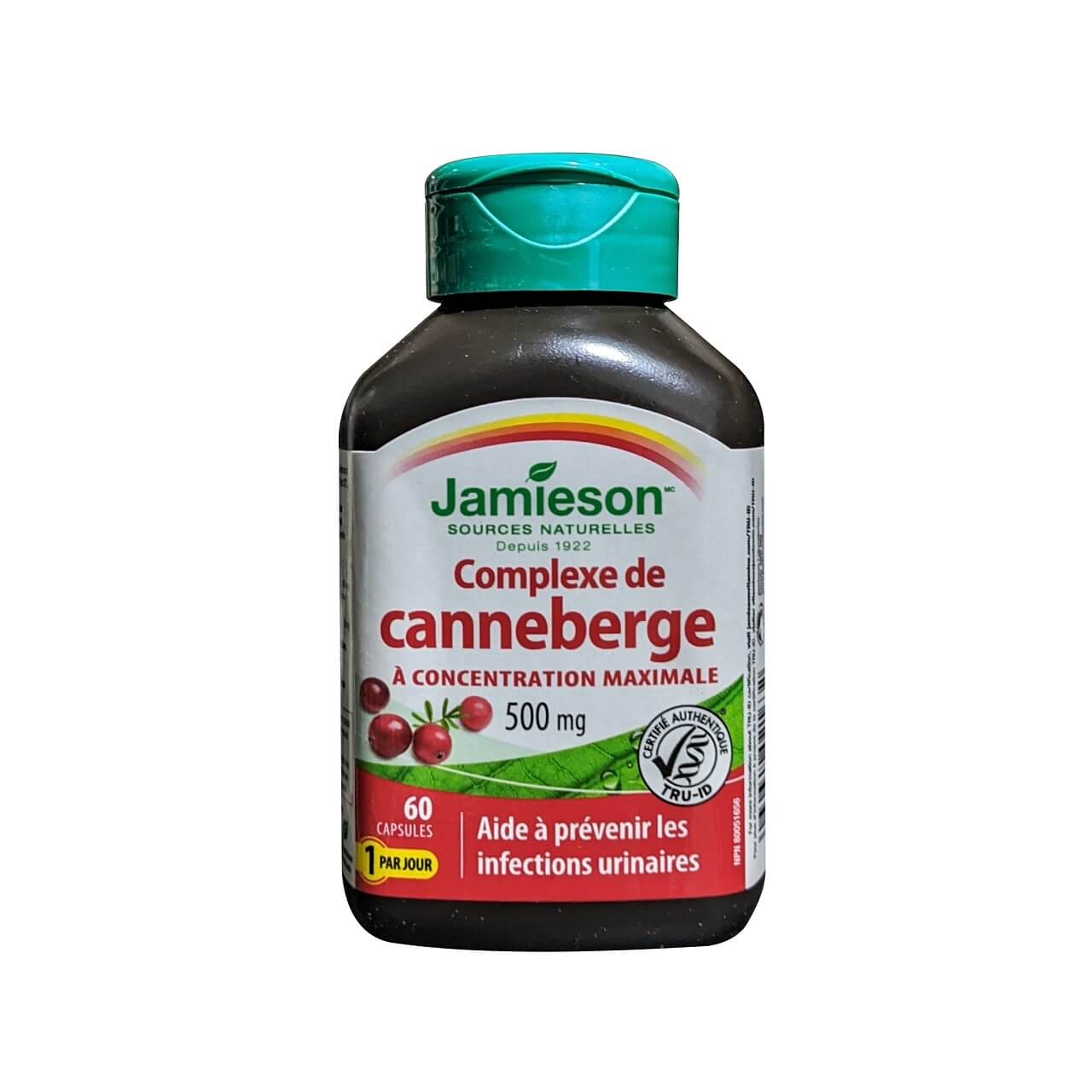 Product label for Jamieson Cranberry Complex 500 mg Maximum Concentrate (60 capsules) in French