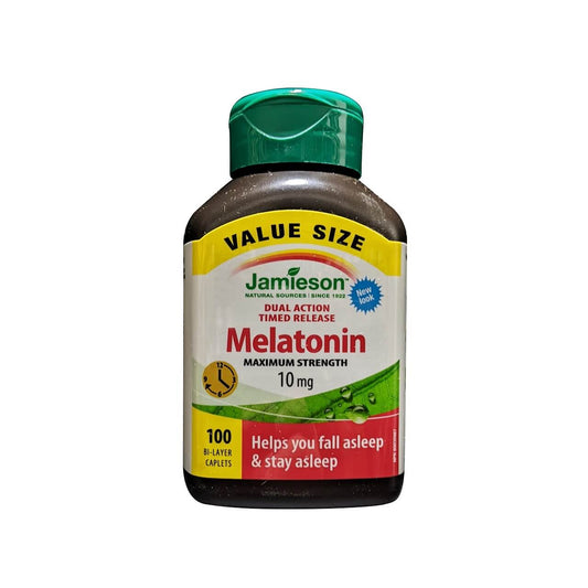 Product label for Jamieson Melatonin 10 mg Maximum Strength Dual Action Timed Release (100 caplets) in English