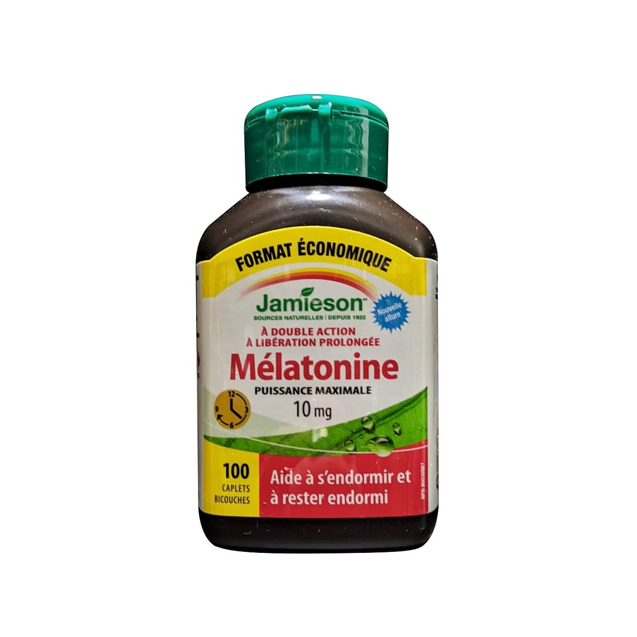 Product label for Jamieson Melatonin 10 mg Maximum Strength Dual Action Timed Release (100 caplets) in French