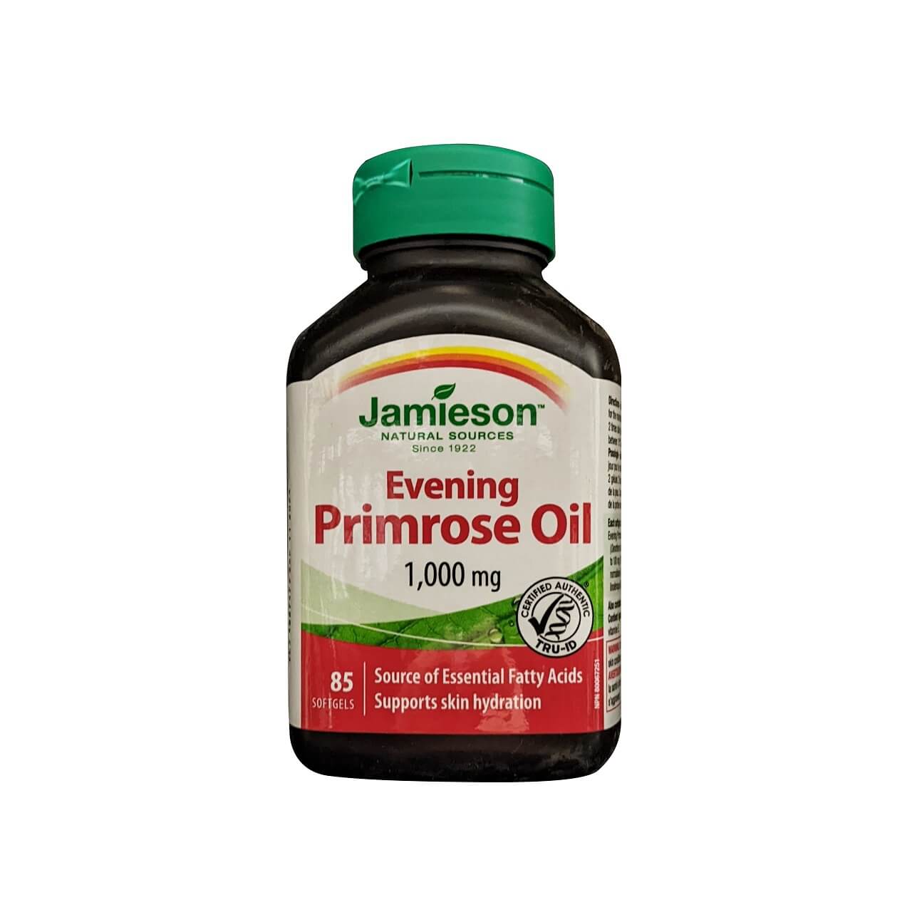 Product label for Jamieson Evening Primrose Oil 1000 mg (85 softgels) in English