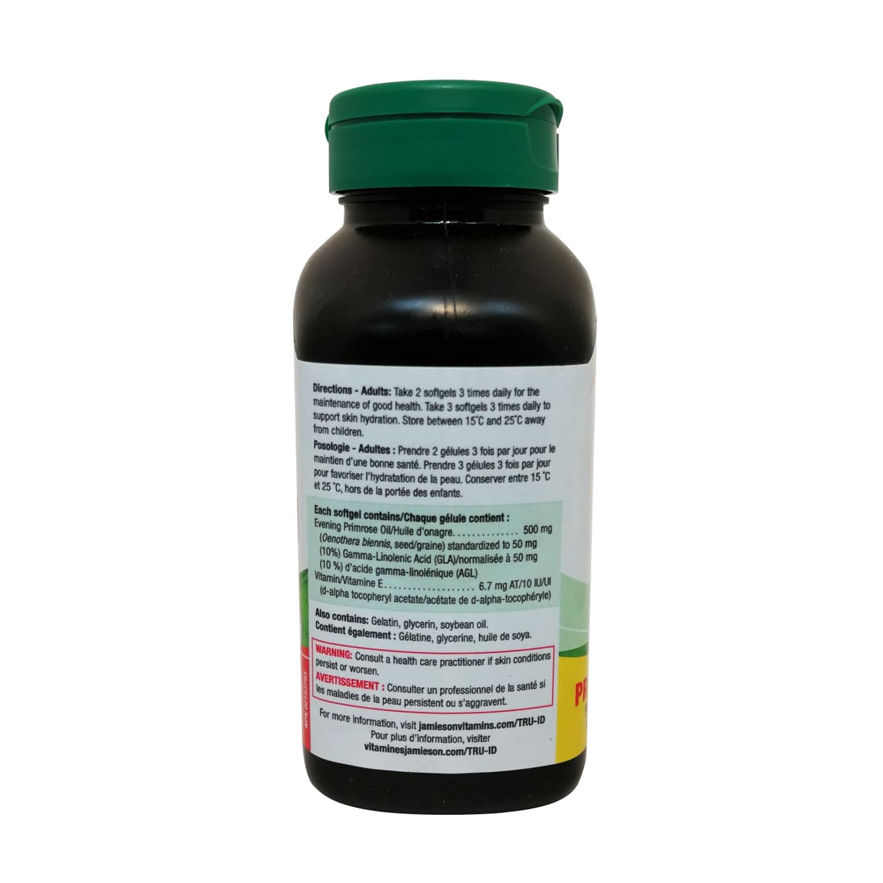 Product directions and ingredients for Jamieson Evening Primrose Oil 500mg in French and English