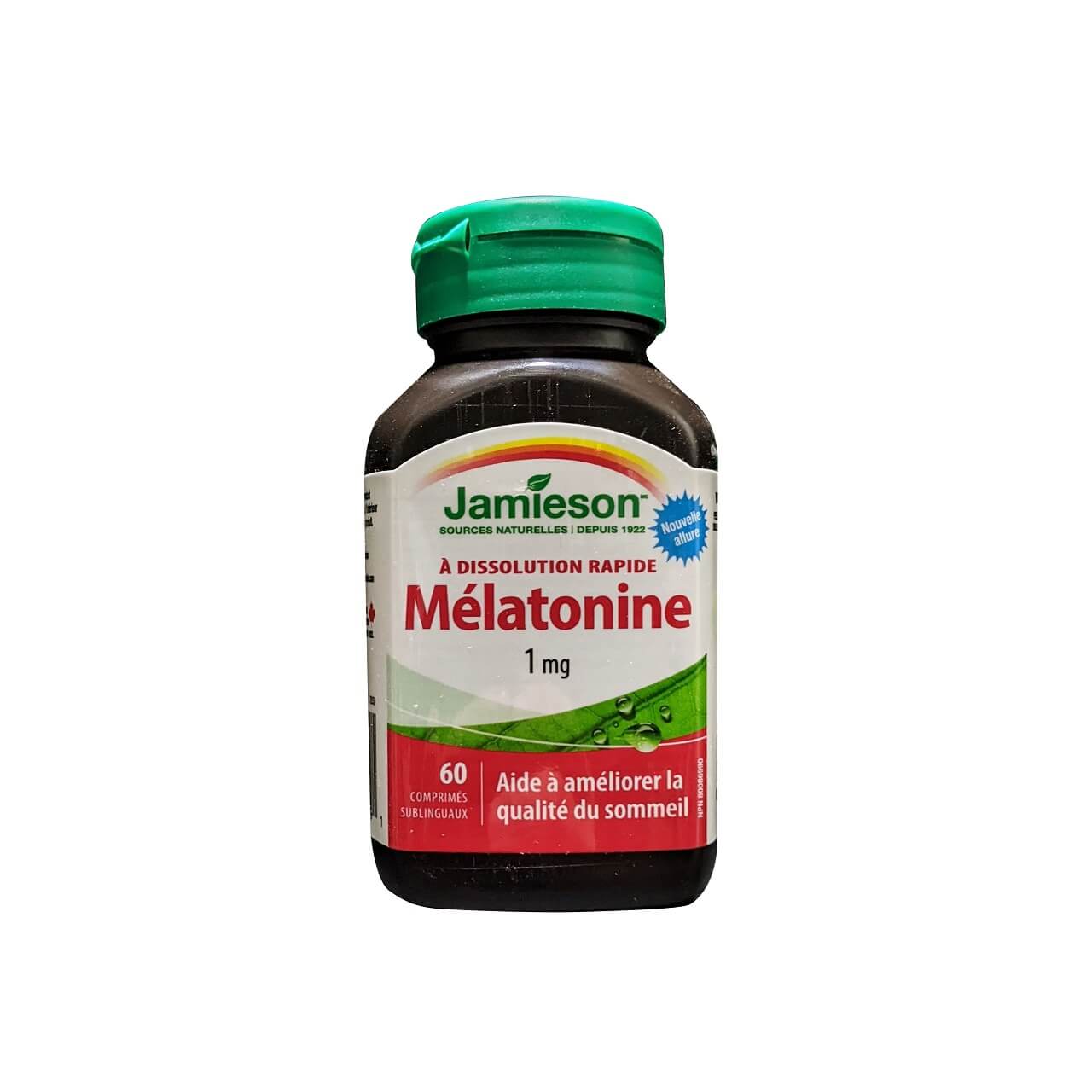 Product label for Jamieson Melatonin 1 mg Fast Dissolving (60 tablets) in French