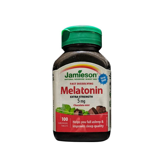 Product label for Jamieson Melatonin Extra Strength 5 mg Fast Dissolving Chocolate Mint (100 tablets) in English