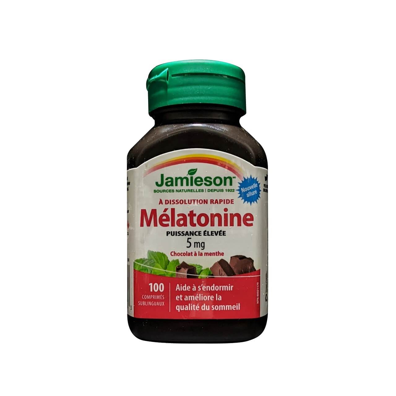 Product label for Jamieson Melatonin Extra Strength 5 mg Fast Dissolving Chocolate Mint (100 tablets) in French