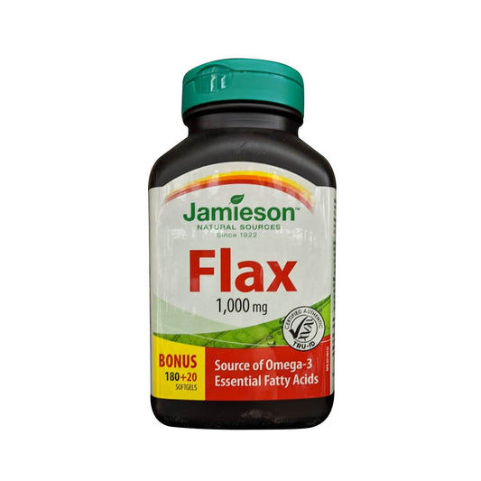 Product label for Jamieson Flax 1000 mg Omega-3 (20 softgel bonus) (200 softgels) in English