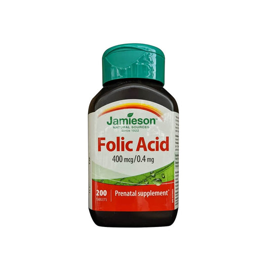 Product label for Jamieson Folic Acid 400 mcg (200 tablets) in English
