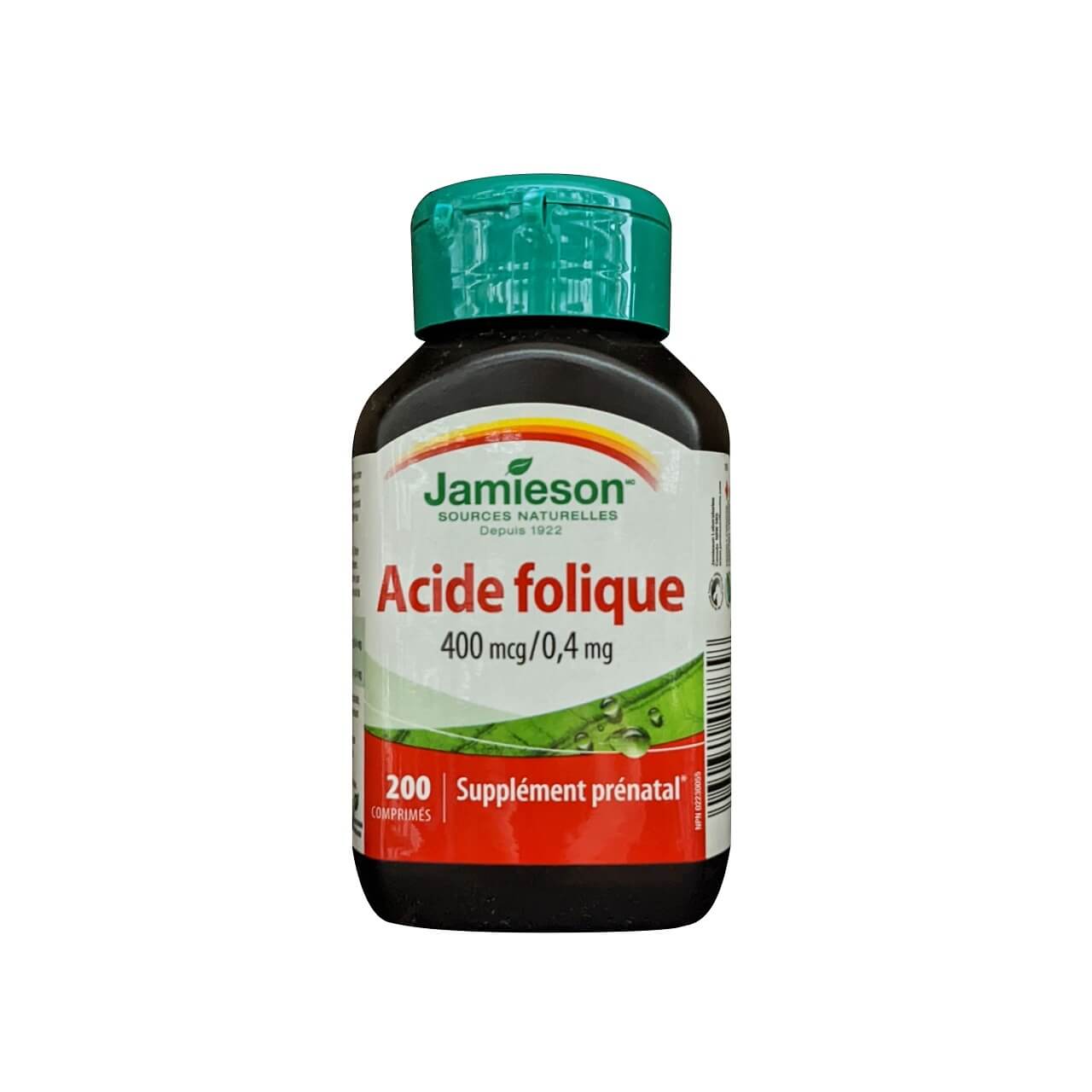 Product label for Jamieson Folic Acid 400 mcg (200 tablets) in French