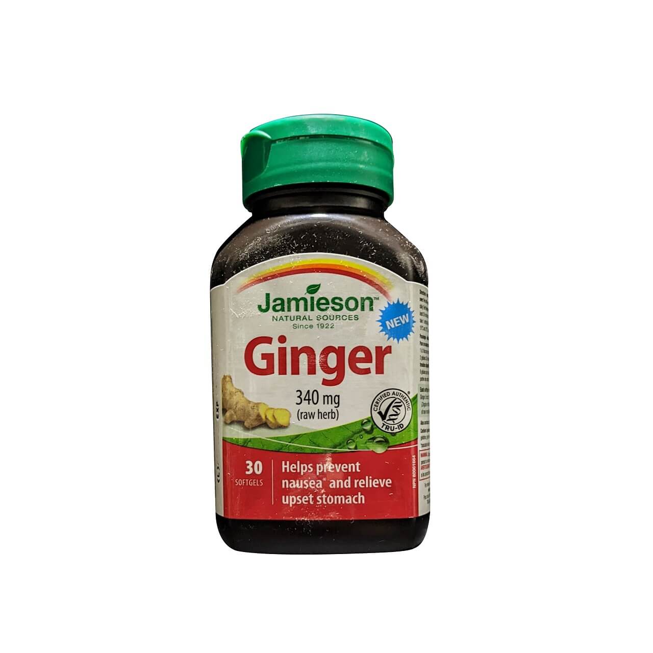 Product label for Jamieson Ginger 340 mg (30 softgels) in English