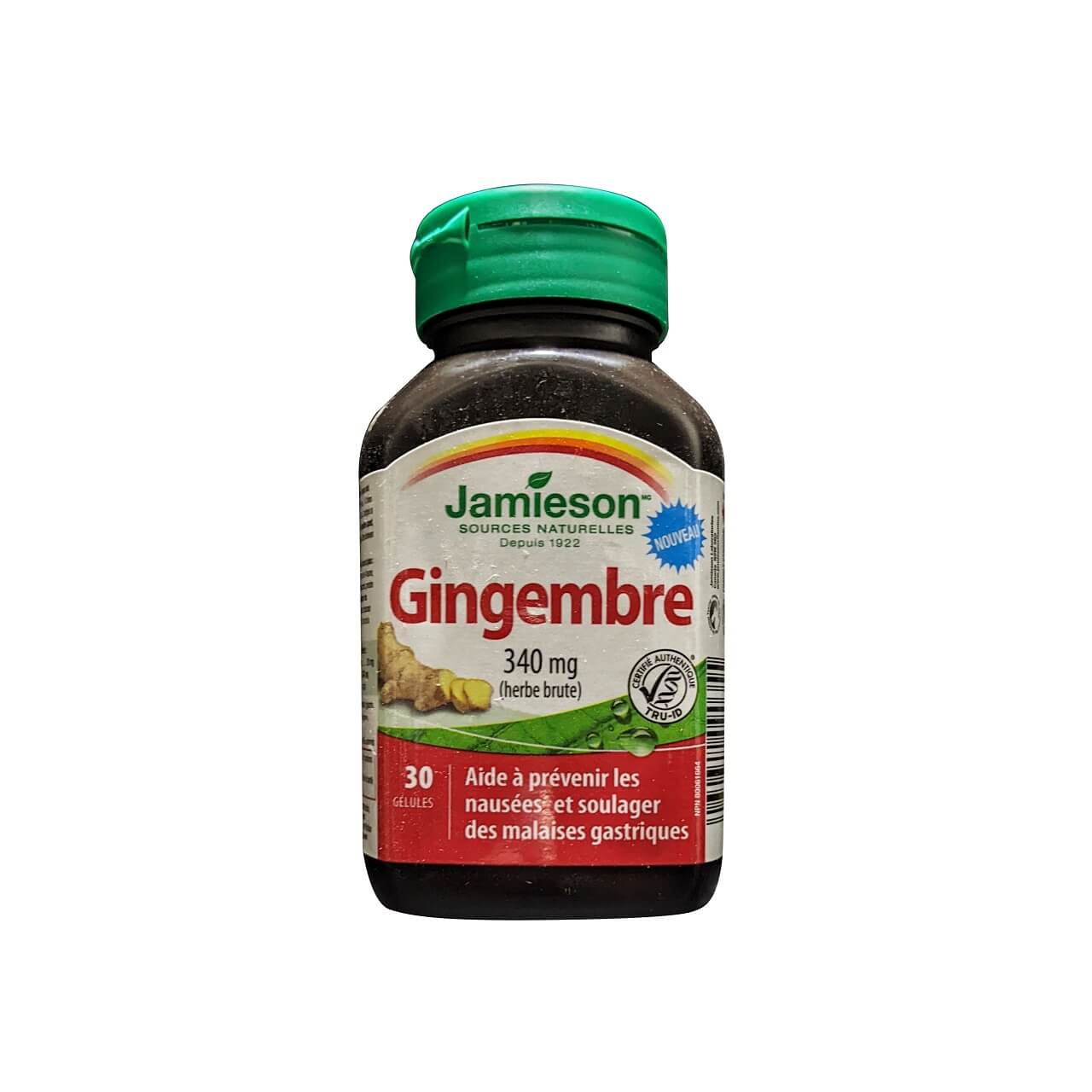 Product label for Jamieson Ginger 340 mg (30 softgels) in French