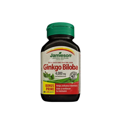 Product label for Jamieson Ginkgo Biloba 4000 mg (90 caplets)