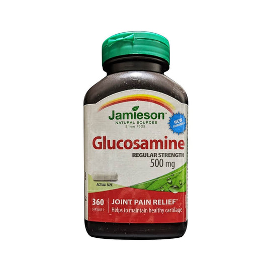 Product label for Jamieson Glucosamine 500 mg Regular Strength (360 capsules) in English