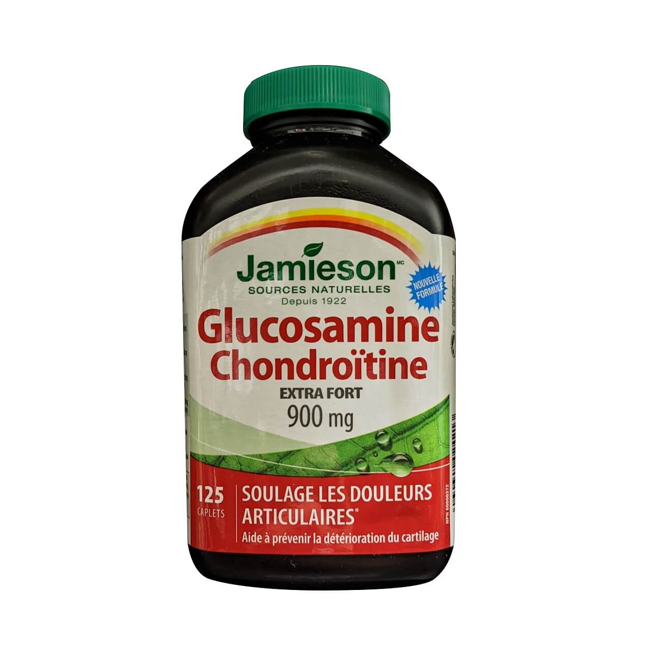 Product label for Jamieson Glucosamine Chondroitin Extra Strength 900 mg (125 caplets) in French