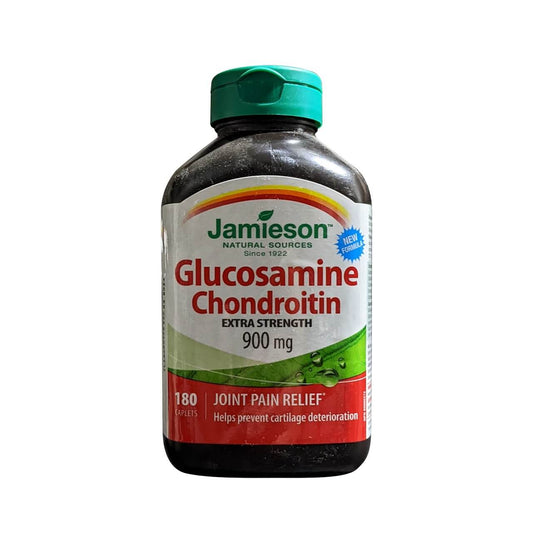 Product label for Jamieson Glucosamine Chondroitin Extra Strength 900 mg (180 caplets) in English