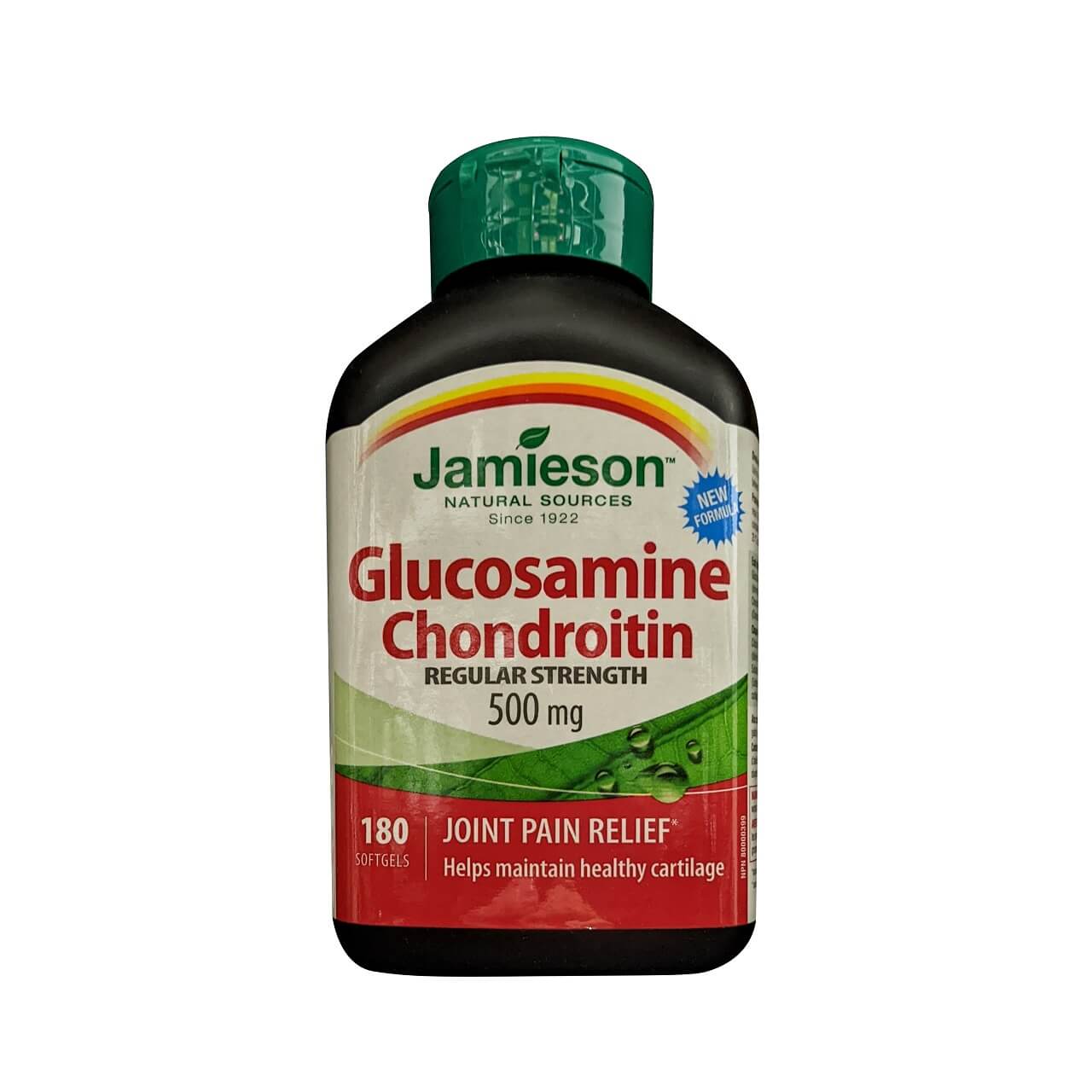 Product label for Jamieson Glucosamine Chondroitin Regular Strength 500 mg (180 softgels) in English