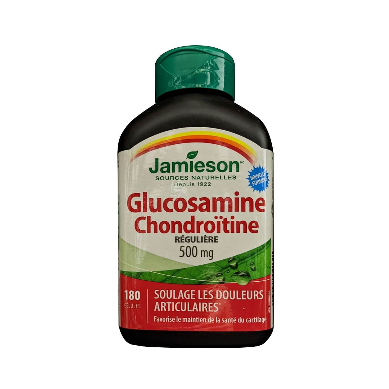 Product label for Jamieson Glucosamine Chondroitin Regular Strength 500 mg (180 softgels) in French