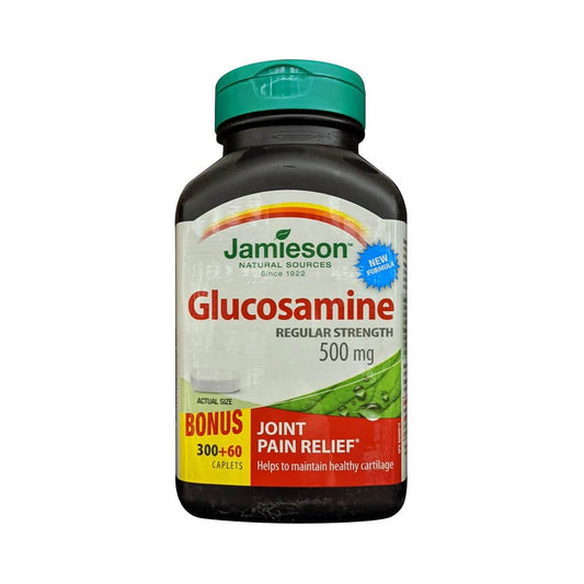 Product label for Jamieson Glucosamine 500 mg Regular Strength (360 caplets) in English