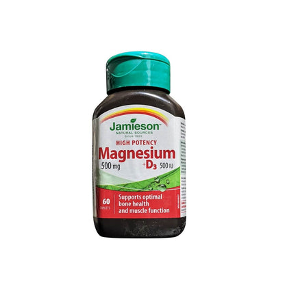 Product label for Jamieson Magnesium (500 mg) and Vitamin D3 (500 IU) High Potency (60 tablets) in English