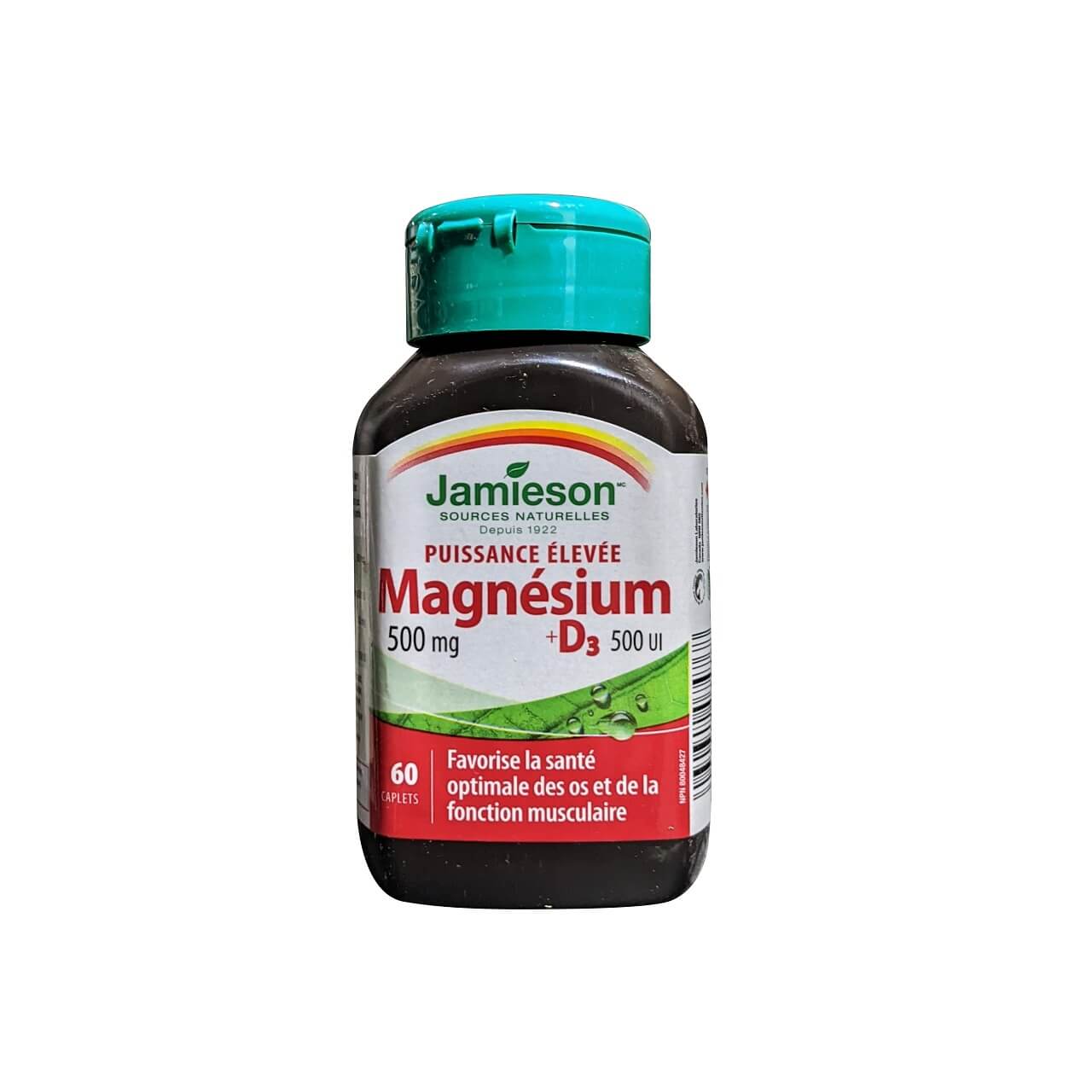Product label for Jamieson Magnesium (500 mg) and Vitamin D3 (500 IU) High Potency (60 tablets) in French