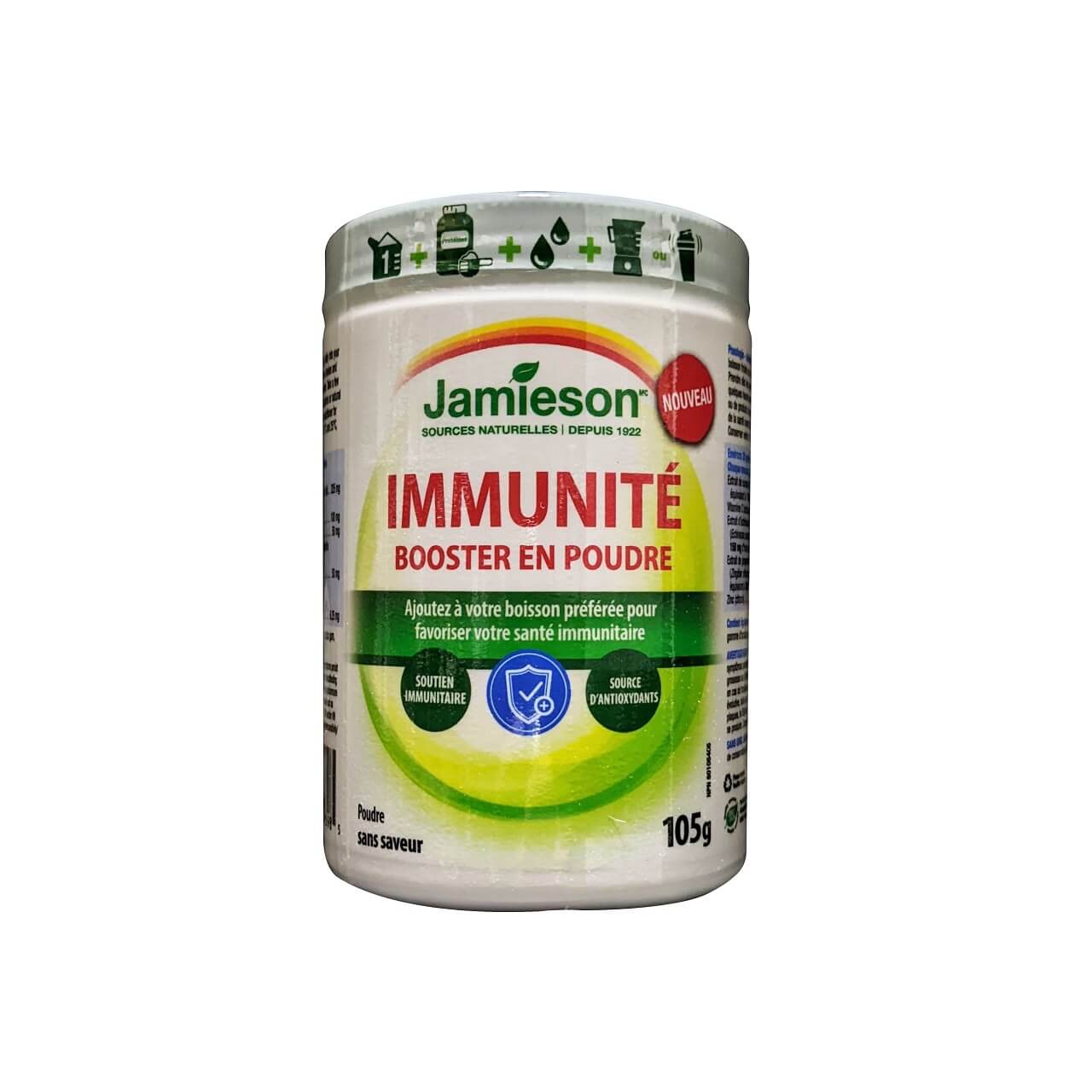 Product label for Jamieson Immune Booster Powder (105 grams) in French