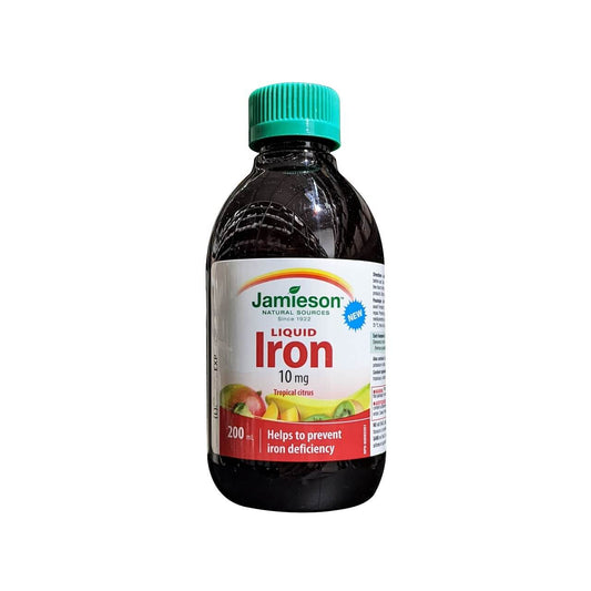 Product label for Jamieson Iron 10 mg Liquid Tropical Citrus Flavour (200 mL) in English