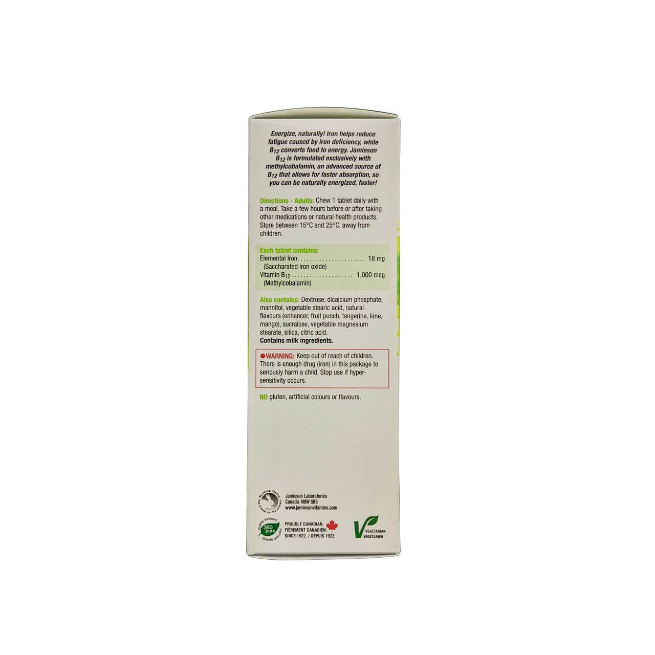 Description, directions, ingredients, warnings for Jamieson Iron Plus B12 Topical Mango Lime Flavour (45 chewables tablets) in English