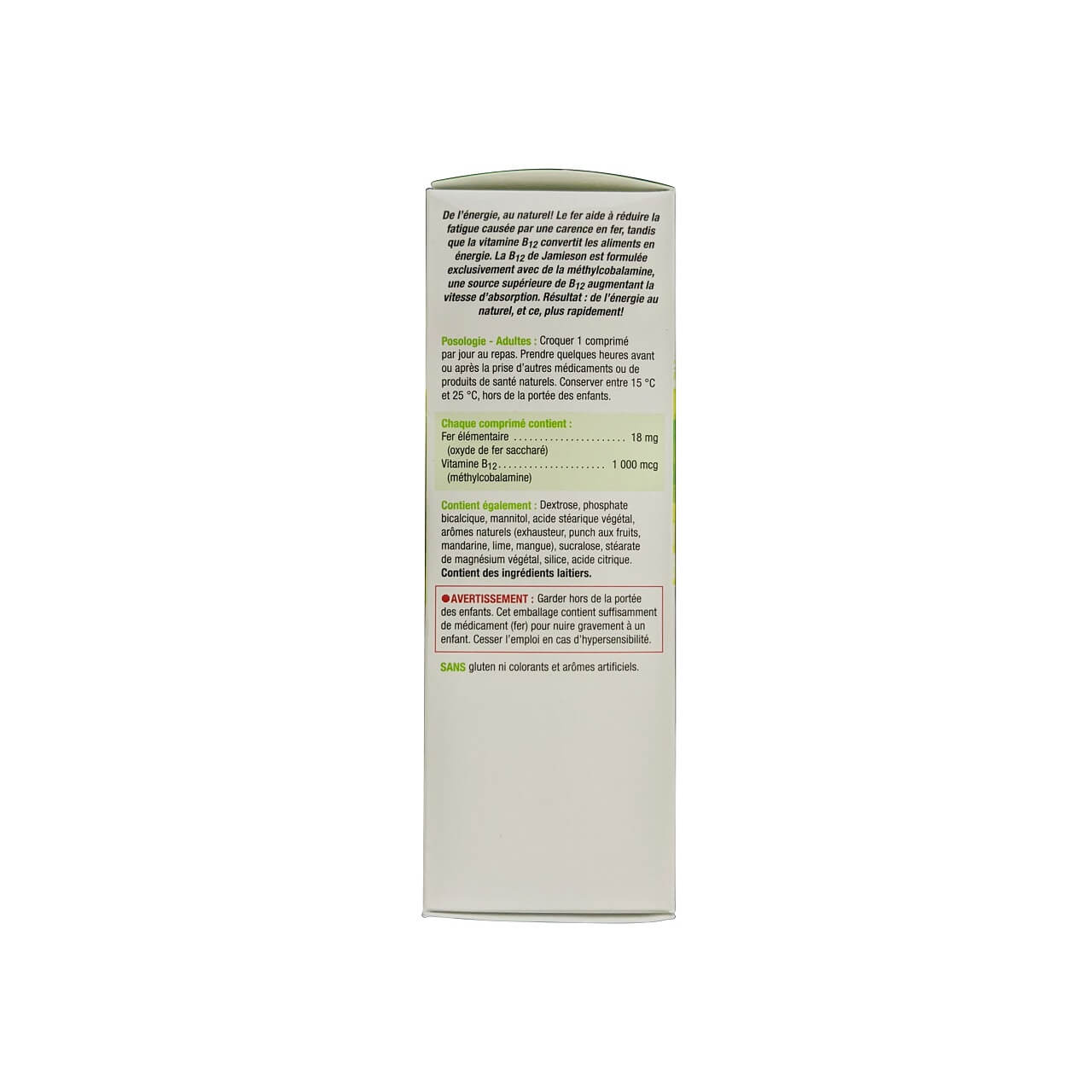 Description, directions, ingredients, warnings for Jamieson Iron Plus B12 Topical Mango Lime Flavour (45 chewables tablets) in French