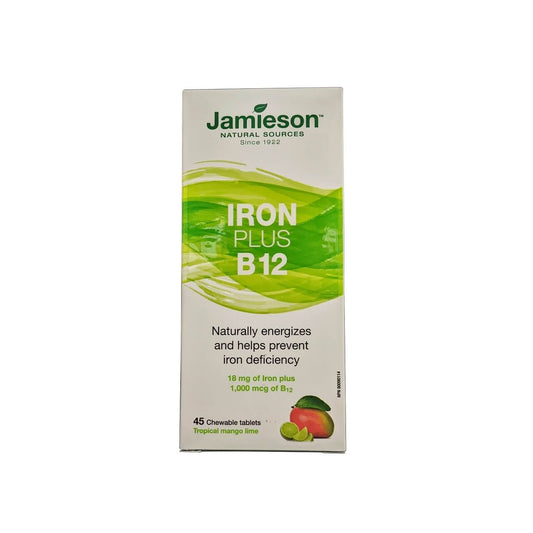 Product label for Jamieson Iron Plus B12 Topical Mango Lime Flavour (45 chewables tablets) in English