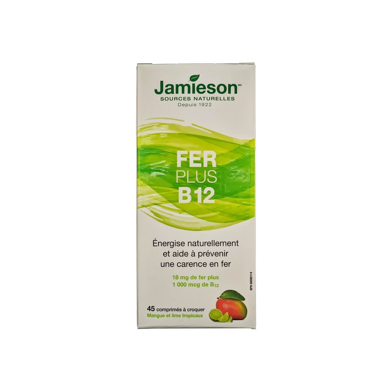 Product label for Jamieson Iron Plus B12 Topical Mango Lime Flavour (45 chewables tablets) in French