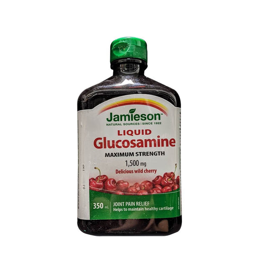 Product label for Jamieson Liquid Glucosamine Maximum Strength 1500 mg Cherry Flavour (350 mL) in English