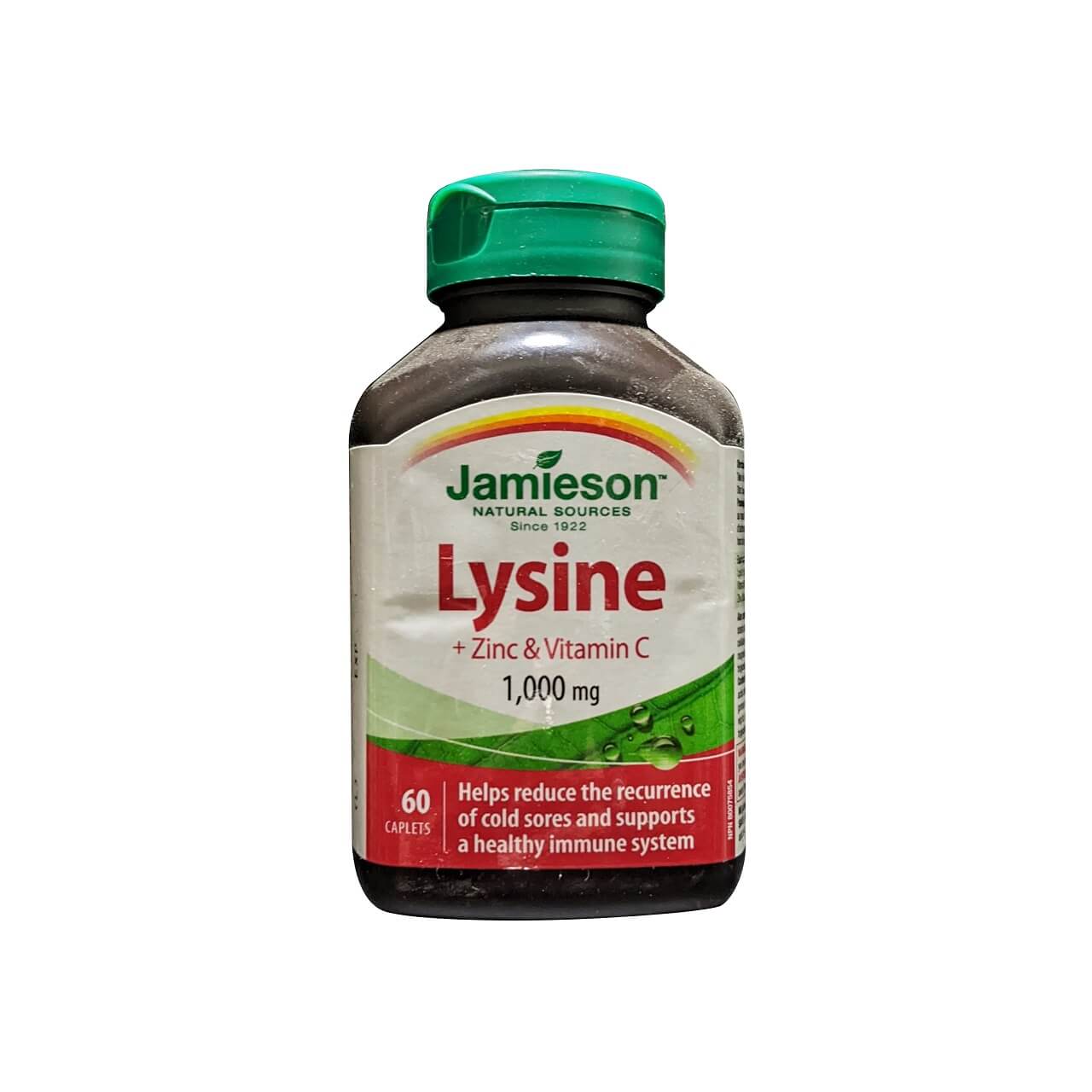 Product label for Jamieson Lysine plus Zinc and Vitamin C (60 caplets) in English