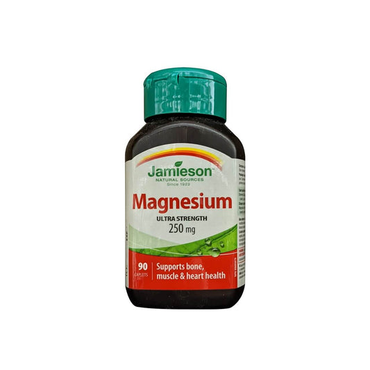 Product label for Jamieson Magnesium 250 mg Ultra Strength (90 caplets) in English