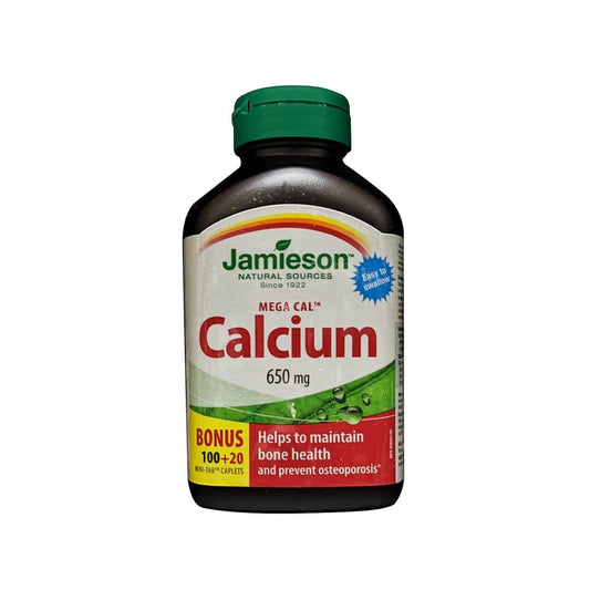 Product label for Jamieson Mega Cal Calcium 650 mg (120 caplets) in English