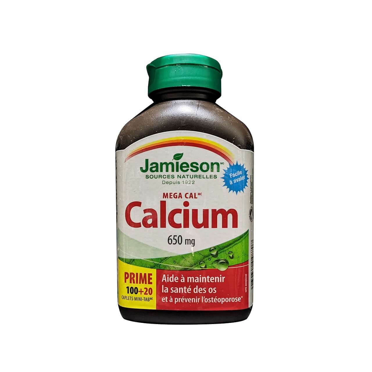 Product label for Jamieson Mega Cal Calcium 650 mg (120 caplets) in French