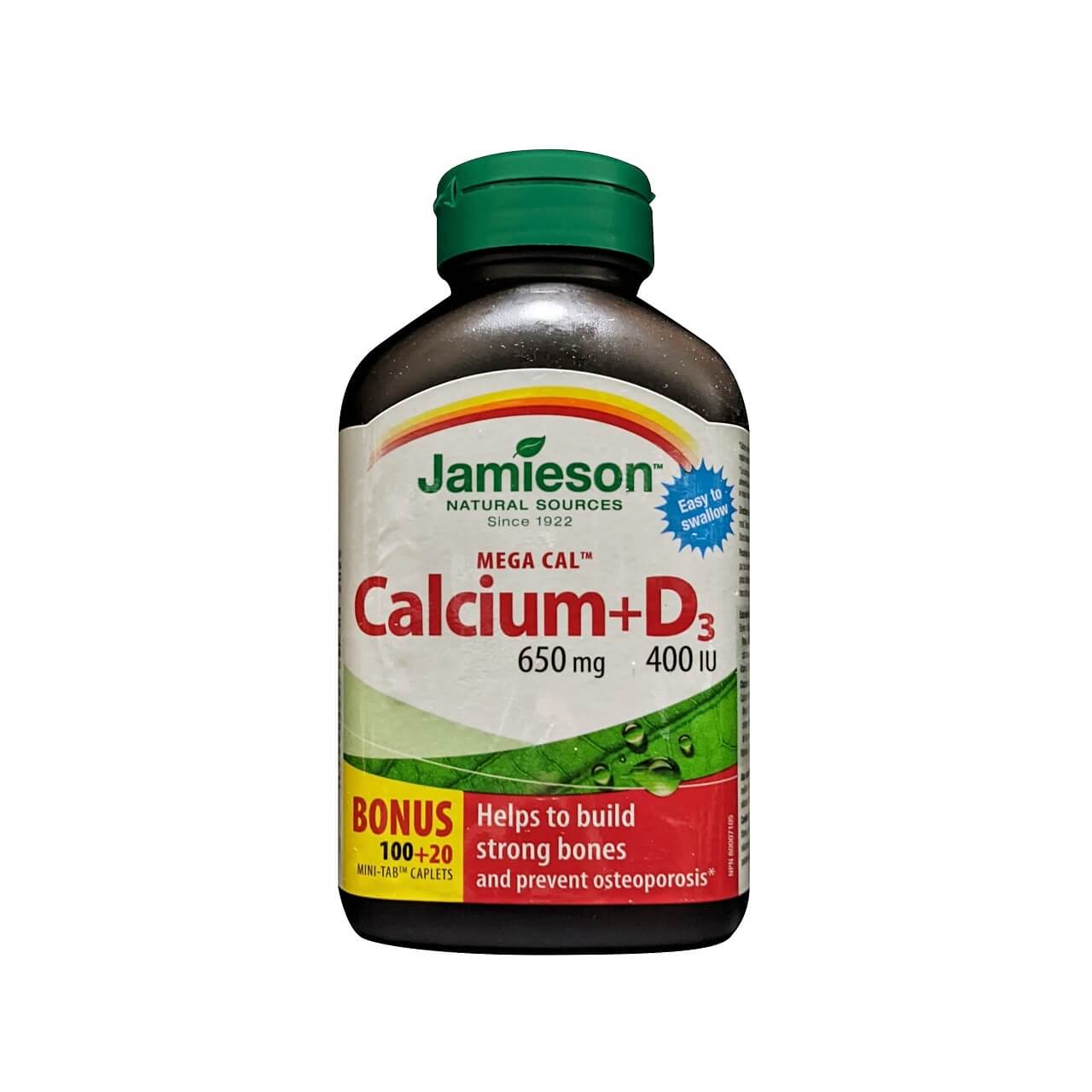 Product label for Jamieson Mega Cal Calcium (650 mg) + Vitamin D3 (400 IU) (120 caplets) in English