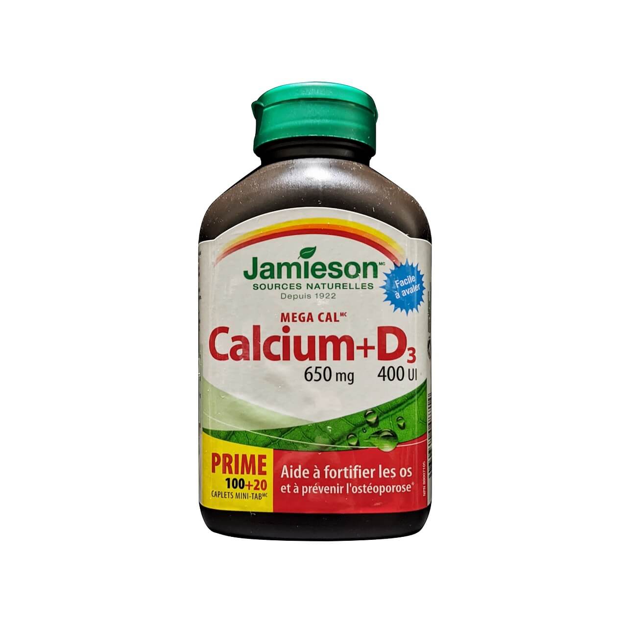 Product label for Jamieson Mega Cal Calcium (650 mg) + Vitamin D3 (400 IU) (120 caplets) in French
