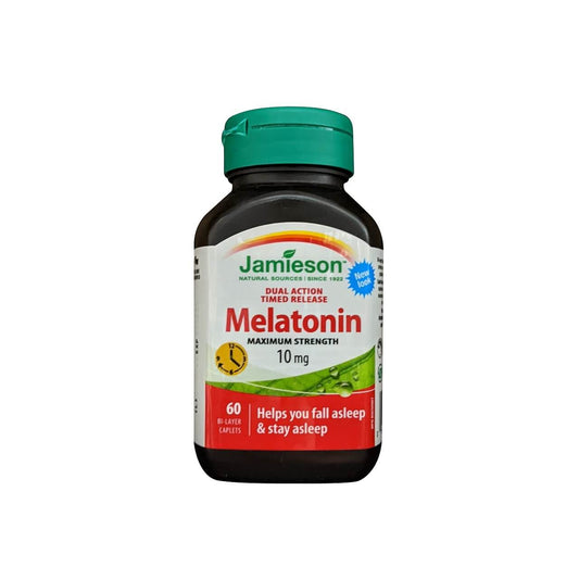 Product label for Jamieson Melatonin 10 mg Maximum Strength Dual Action Timed Release (60 caplets) in English
