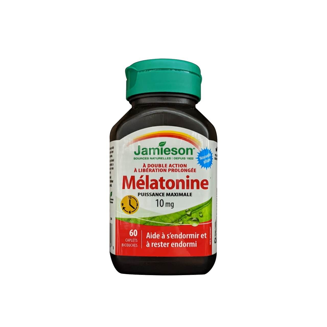 Product label for Jamieson Melatonin 10 mg Maximum Strength Dual Action Timed Release (60 caplets) in French