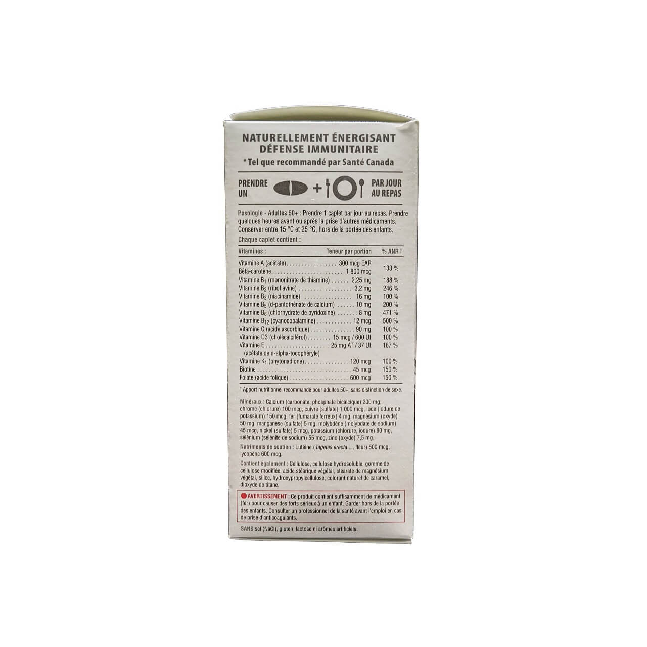 Directions, ingredients, and warnings for Jamieson Multi 100% Complete Vitamin for Adults 50+ (90 caplets) in French